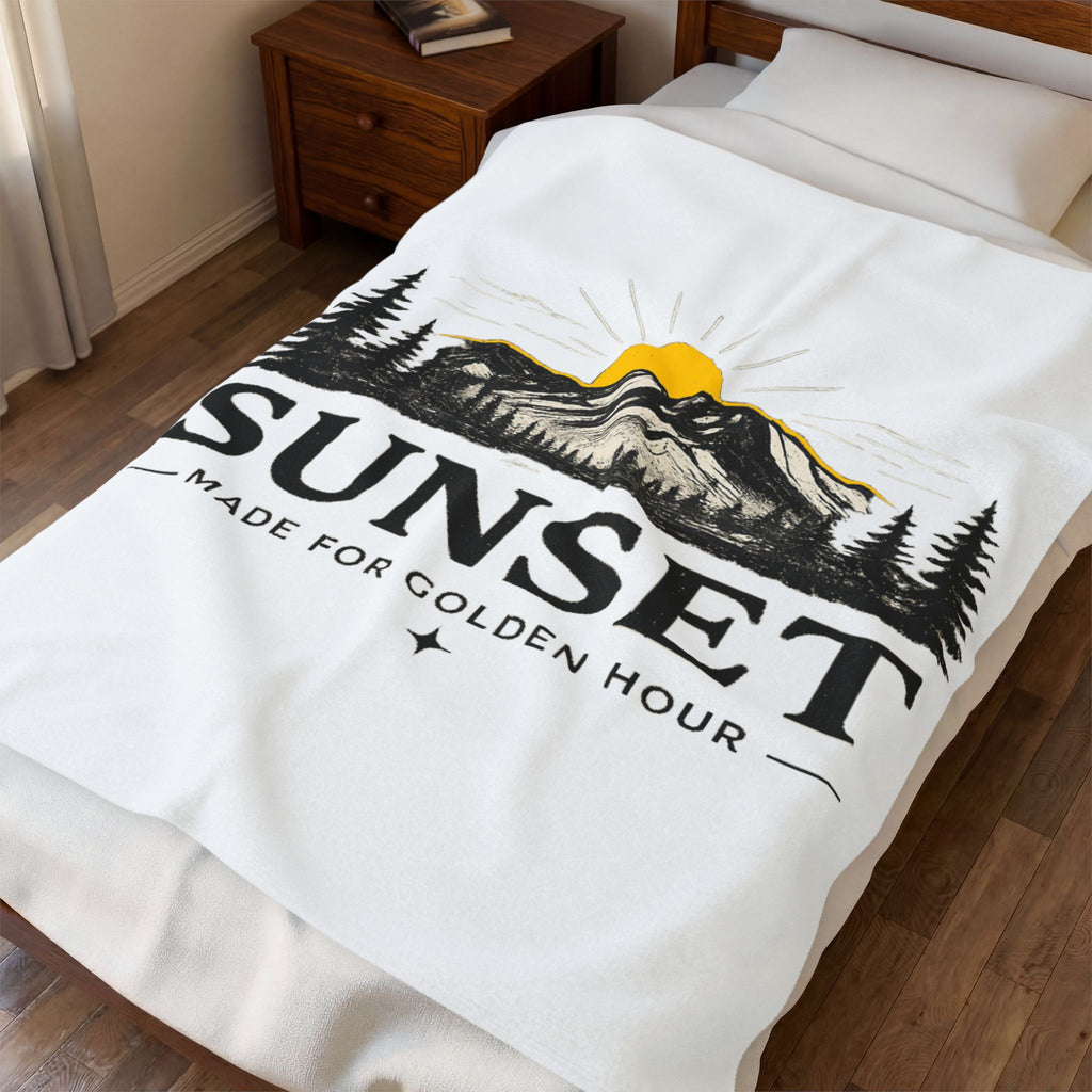 Sunset Mountain Velveteen Blanket — "Sunset: Made for Golden Hour" Plush Throw