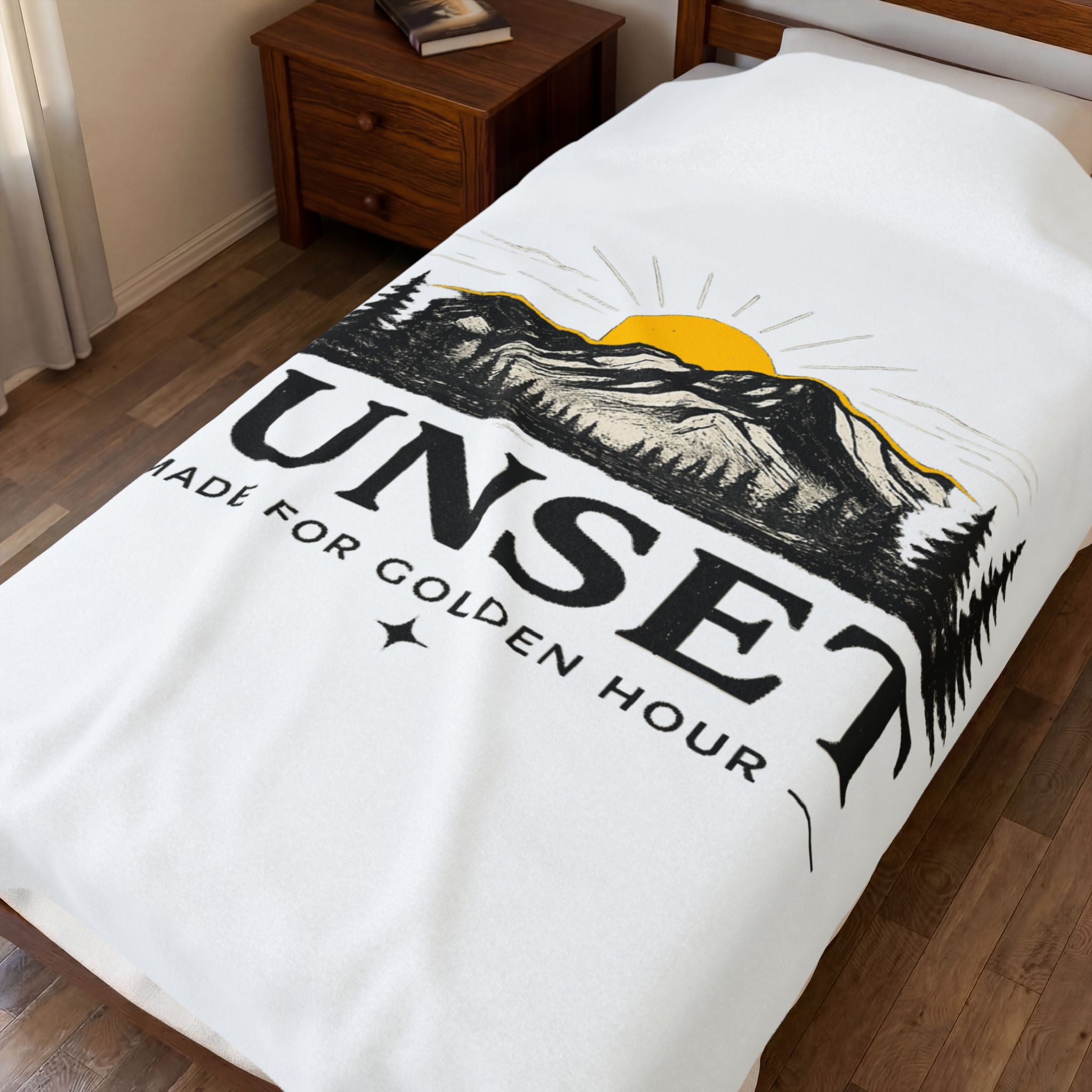 Sunset Mountain Velveteen Blanket — "Sunset: Made for Golden Hour" Plush Throw